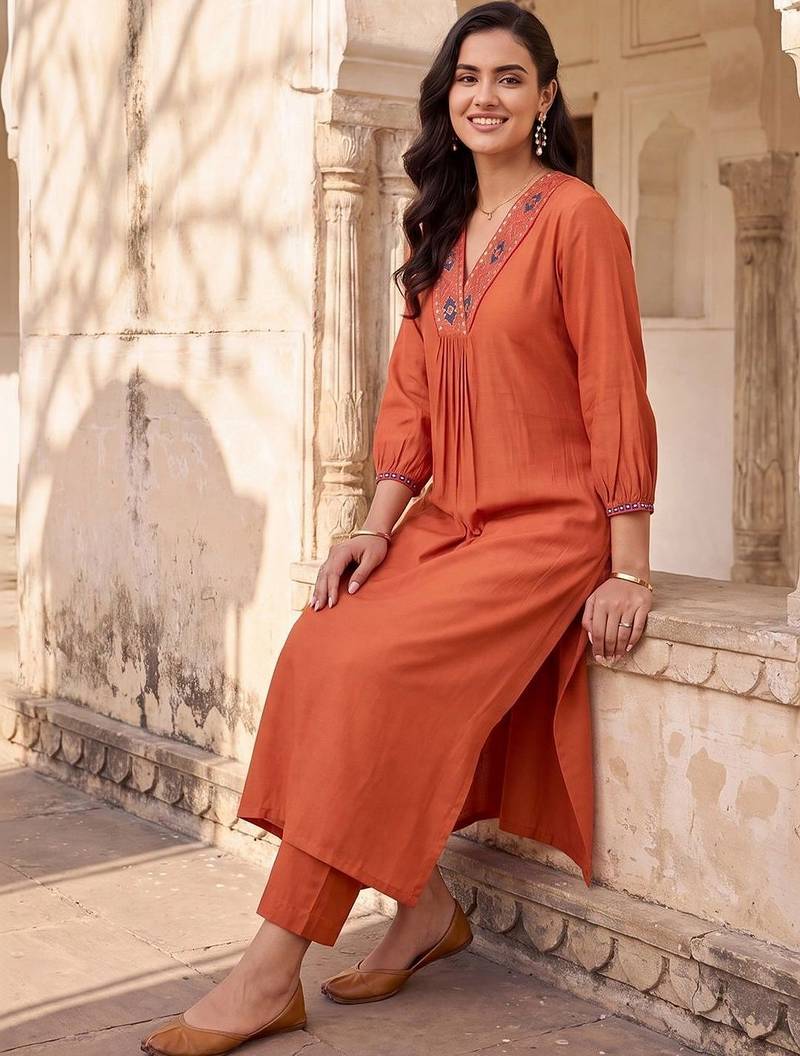 women ethnic motifs embroidered regular thread work liva kurta with trousers