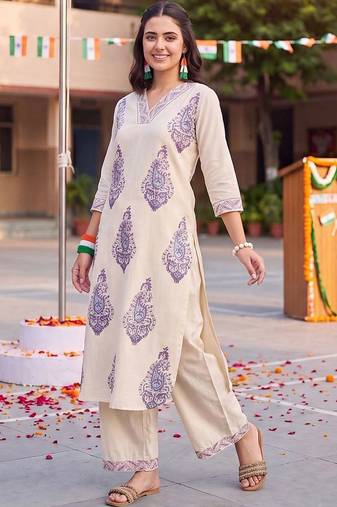 women ethnic motifs printed regular cotton kurta with palazzos