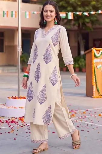 women ethnic motifs printed regular cotton kurta with palazzos