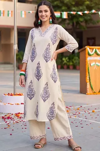 women ethnic motifs printed regular cotton kurta with palazzos