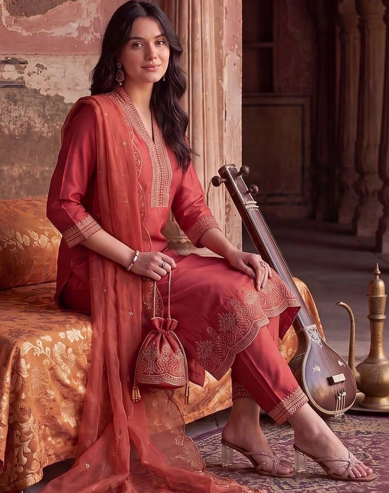 women ethnic motifs embroidered regular thread work kurta with trousers & with dupatta