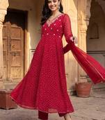 women ethnic motifs printed regular thread work kurta with trousers & with dupatta