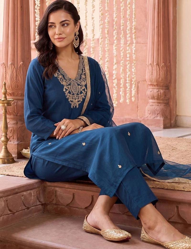 women ethnic motifs embroidered regular kurta with trousers & with dupatta
