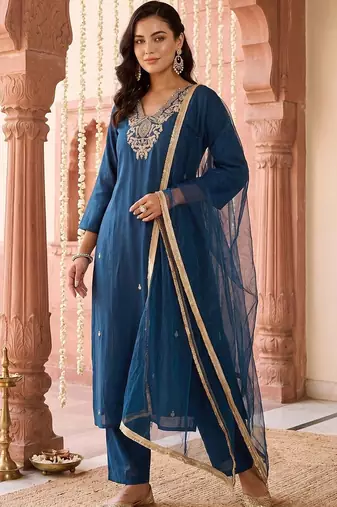 women ethnic motifs embroidered regular kurta with trousers & with dupatta