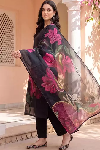 women floral printed regular linen kurta with trousers & with dupatta