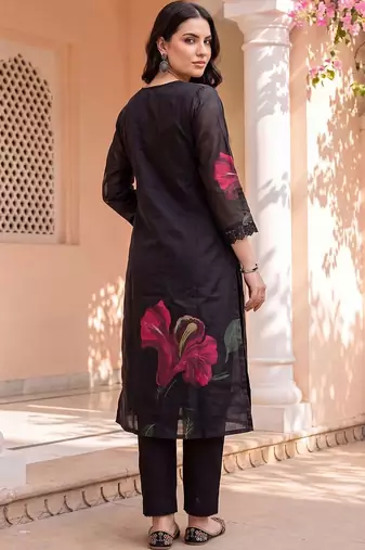 women floral printed regular linen kurta with trousers & with dupatta