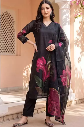 women floral printed regular linen kurta with trousers & with dupatta