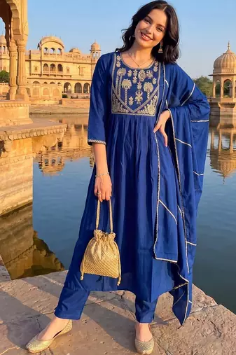 women ethnic motifs embroidered empire thread work kurta with trousers & with dupatta