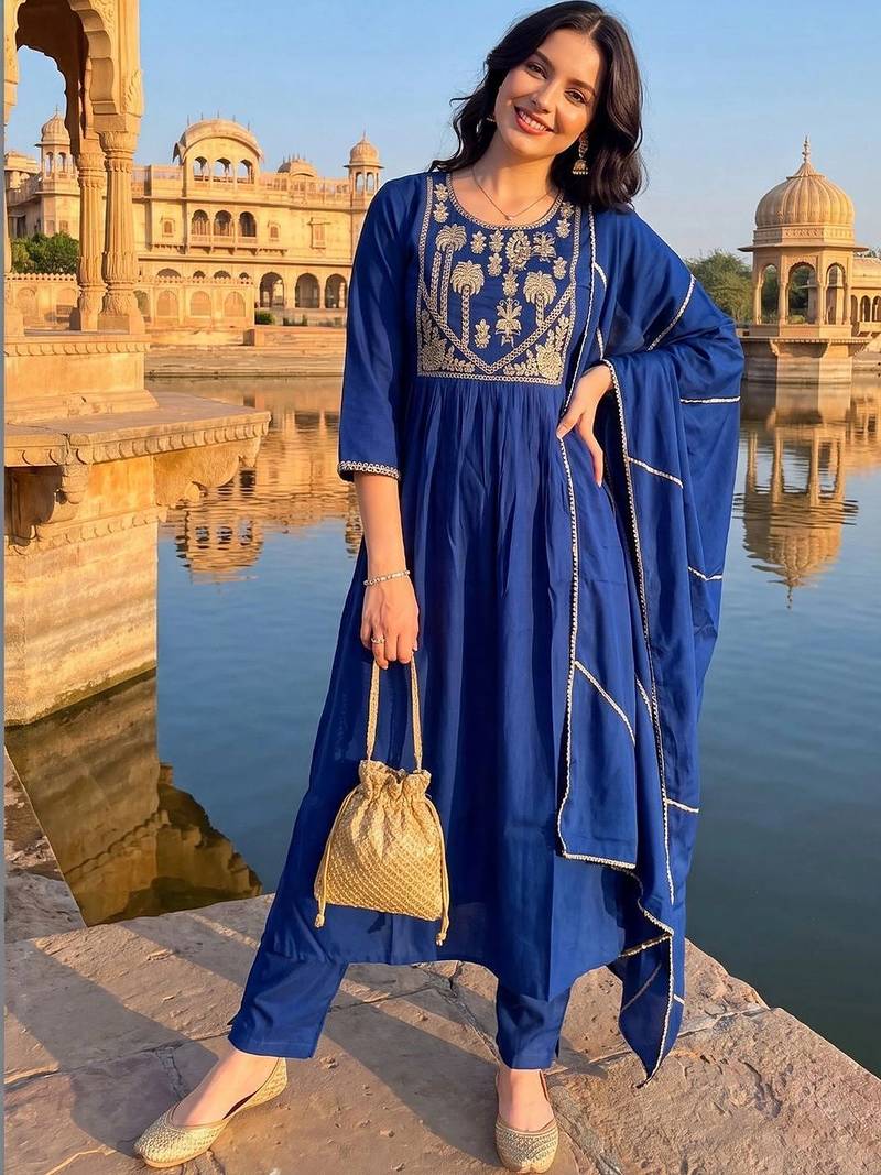 women ethnic motifs embroidered empire thread work kurta with trousers & with dupatta