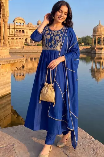 women ethnic motifs embroidered empire thread work kurta with trousers & with dupatta