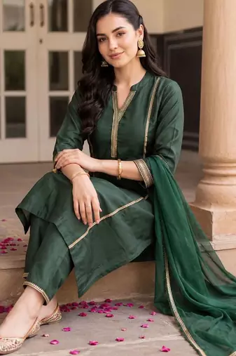women regular gotta patti liva kurta with trousers & with dupatta