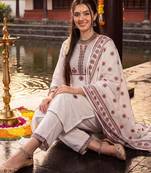 women ethnic motifs embroidered regular thread work cotton kurta with trousers & with dupatta