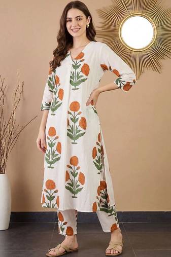 women floral printed regular cotton kurta with trousers