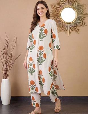 women floral printed regular cotton kurta with trousers 7