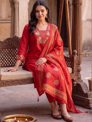 women ethnic motifs embroidered regular thread work kurta with trousers & with dupatta 1