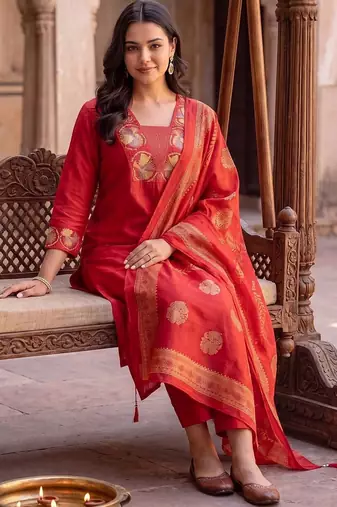 women ethnic motifs embroidered regular thread work kurta with trousers & with dupatta