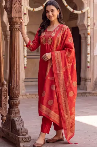 women ethnic motifs embroidered regular thread work kurta with trousers & with dupatta