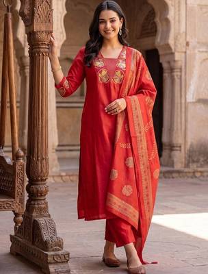 women ethnic motifs embroidered regular thread work kurta with trousers & with dupatta 5