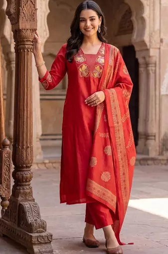 women ethnic motifs embroidered regular thread work kurta with trousers & with dupatta