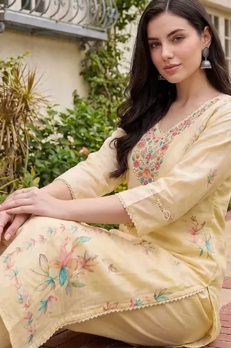 women floral printed regular thread work linen kurta with trousers & with dupatta