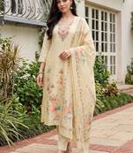 women floral printed regular thread work linen kurta with trousers & with dupatta