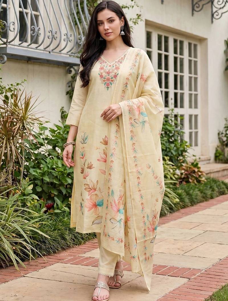 women floral printed regular thread work linen kurta with trousers & with dupatta