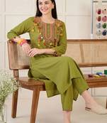 women ethnic motifs embroidered regular thread work cotton kurta with trousers