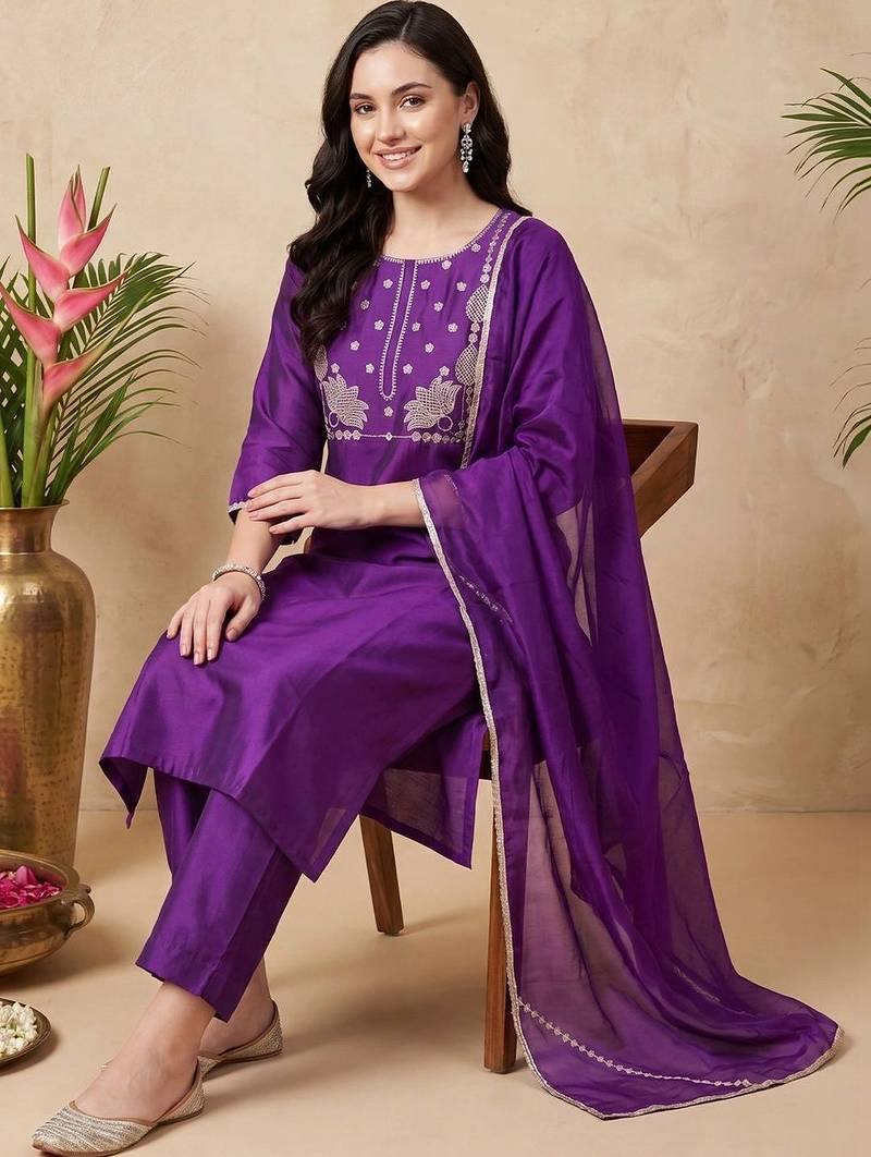 women ethnic motifs embroidered regular sequinned liva kurta with trousers & with dupatta