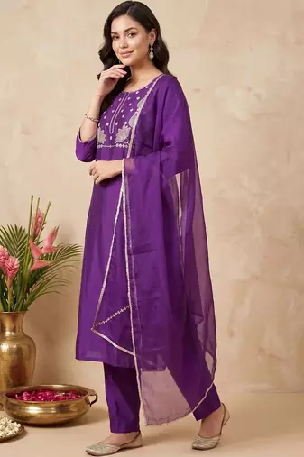 women ethnic motifs embroidered regular sequinned liva kurta with trousers & with dupatta