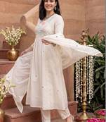 women floral embroidered empire thread work cotton kurta with trousers & with dupatta