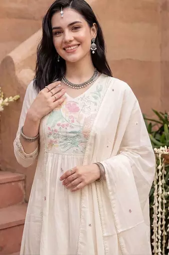 women floral embroidered empire thread work cotton kurta with trousers & with dupatta
