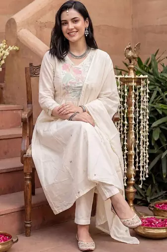 women floral embroidered empire thread work cotton kurta with trousers & with dupatta