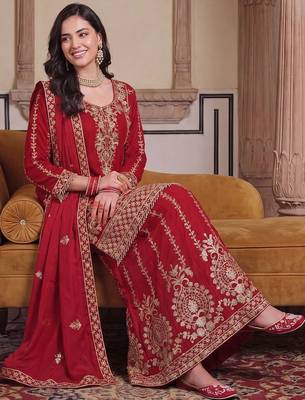 women ethnic motifs embroidered regular thread work kurta with palazzos & with dupatta 3