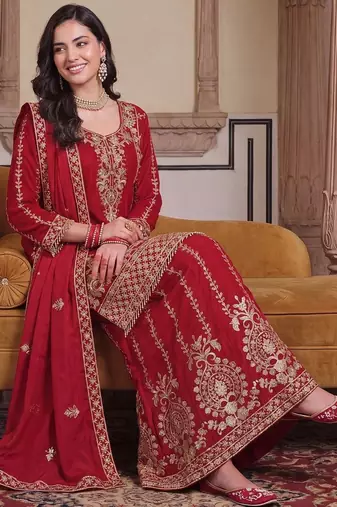 women ethnic motifs embroidered regular thread work kurta with palazzos & with dupatta