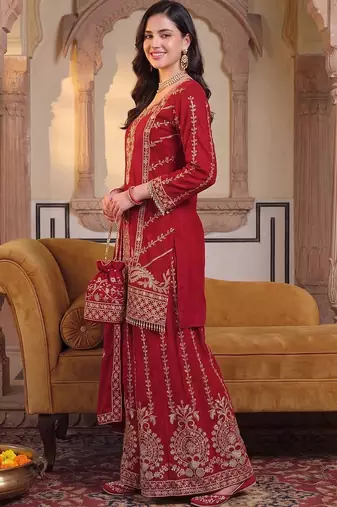 women ethnic motifs embroidered regular thread work kurta with palazzos & with dupatta