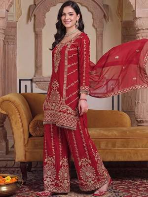 women ethnic motifs embroidered regular thread work kurta with palazzos & with dupatta 6