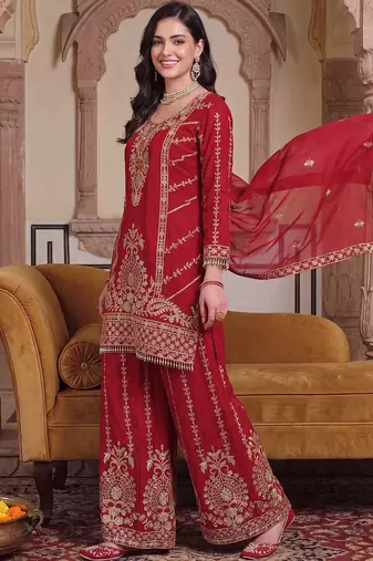 women ethnic motifs embroidered regular thread work kurta with palazzos & with dupatta