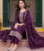 women ethnic motifs embroidered regular thread work kurta with trousers & with dupatta
