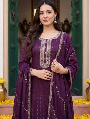 women ethnic motifs embroidered regular thread work kurta with trousers & with dupatta 2