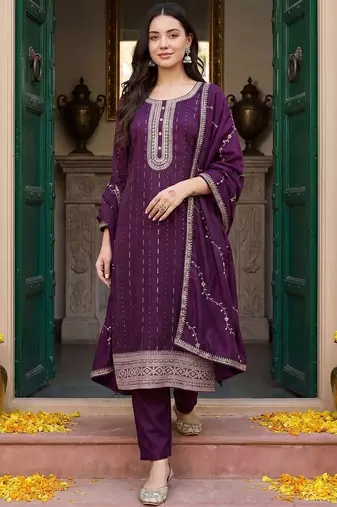 women ethnic motifs embroidered regular thread work kurta with trousers & with dupatta