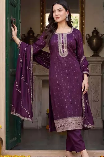 women ethnic motifs embroidered regular thread work kurta with trousers & with dupatta