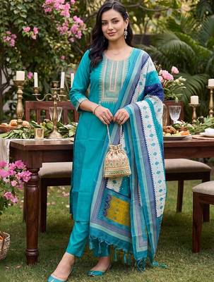 women ethnic motifs embroidered regular thread work kurta with trousers & with dupatta 6