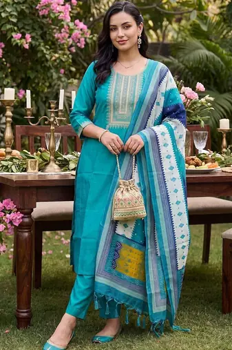 women ethnic motifs embroidered regular thread work kurta with trousers & with dupatta