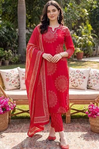 women ethnic motifs printed regular mirror work cotton kurta with trousers & with dupatta