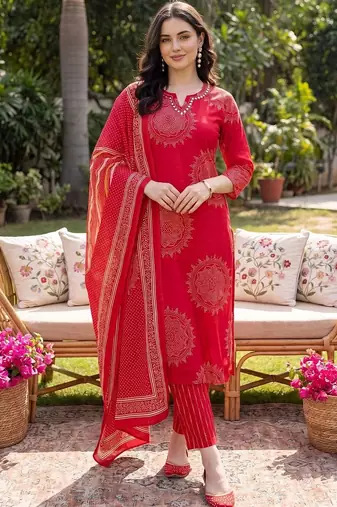 women ethnic motifs printed regular mirror work cotton kurta with trousers & with dupatta