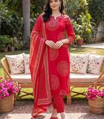 women ethnic motifs printed regular mirror work cotton kurta with trousers & with dupatta