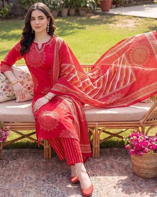 women ethnic motifs printed regular mirror work cotton kurta with trousers & with dupatta 2