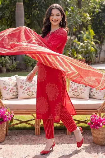 women ethnic motifs printed regular mirror work cotton kurta with trousers & with dupatta