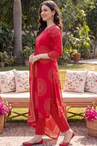 women ethnic motifs printed regular mirror work cotton kurta with trousers & with dupatta