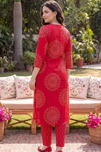 women ethnic motifs printed regular mirror work cotton kurta with trousers & with dupatta